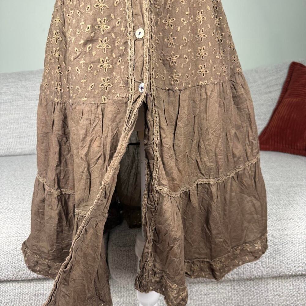 Brown boho short sleeve tiered dress eyelets - fits like S - Picture 4 of 7